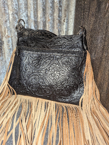 Small Hobo Handbag, Black Cowboy Tooled with Wool Corner