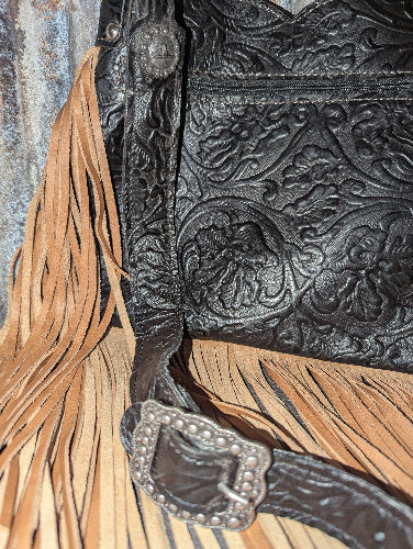 Small Hobo Handbag, Black Cowboy Tooled with Wool Corner