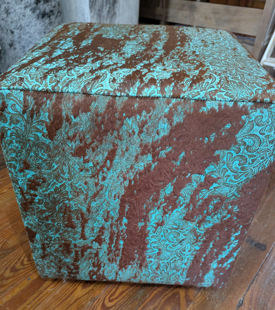 Western Leather Ottoman, Turquoise Floral Acid Wash #301