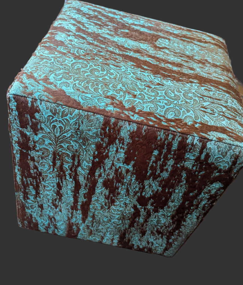Western Leather Ottoman, Turquoise Floral Acid Wash #301