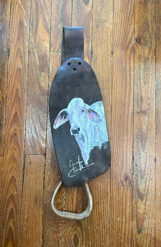 Leather Saddle Fender and stirrup with Brahma, Jennifer Casebeer Art