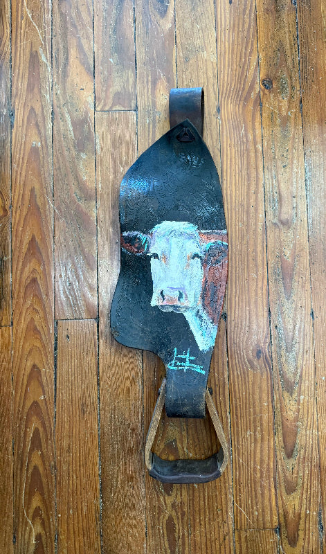 Leather Saddle Fender and stirrup with Hereford, Jennifer Casebeer Art