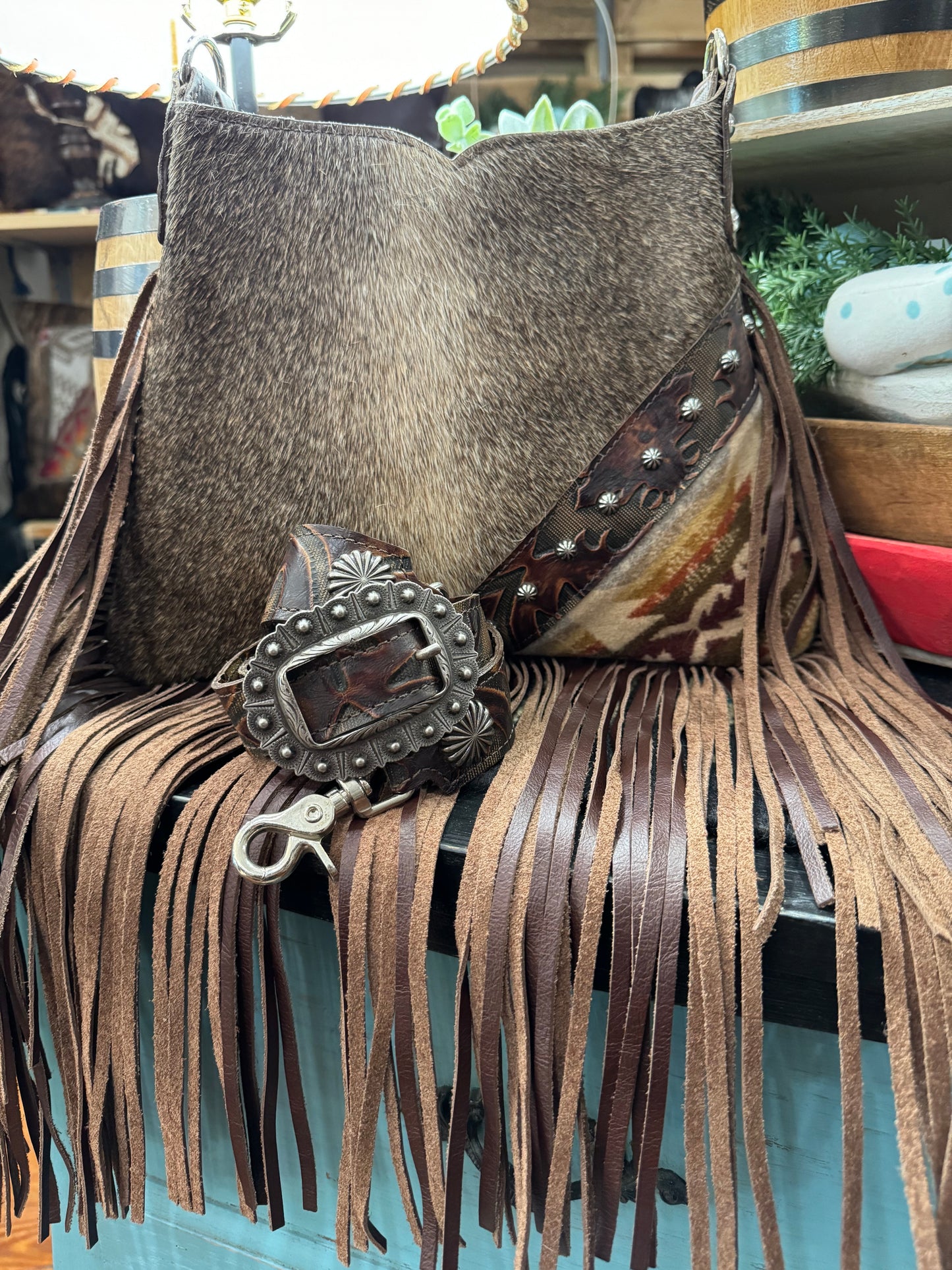 Small Hobo Handbag, Boot Top Brown with Wool Corner