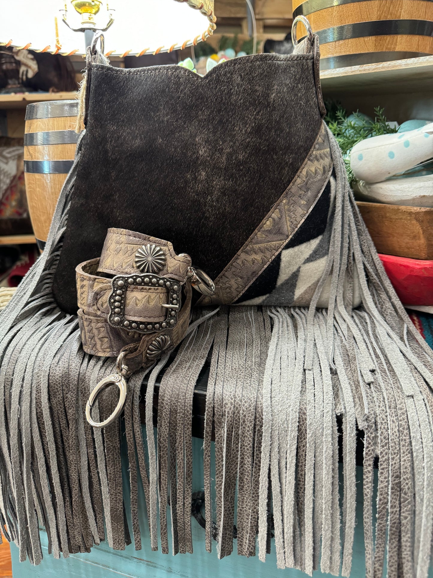 Small Hobo Handbag, Grey Aztec with Wool Corner