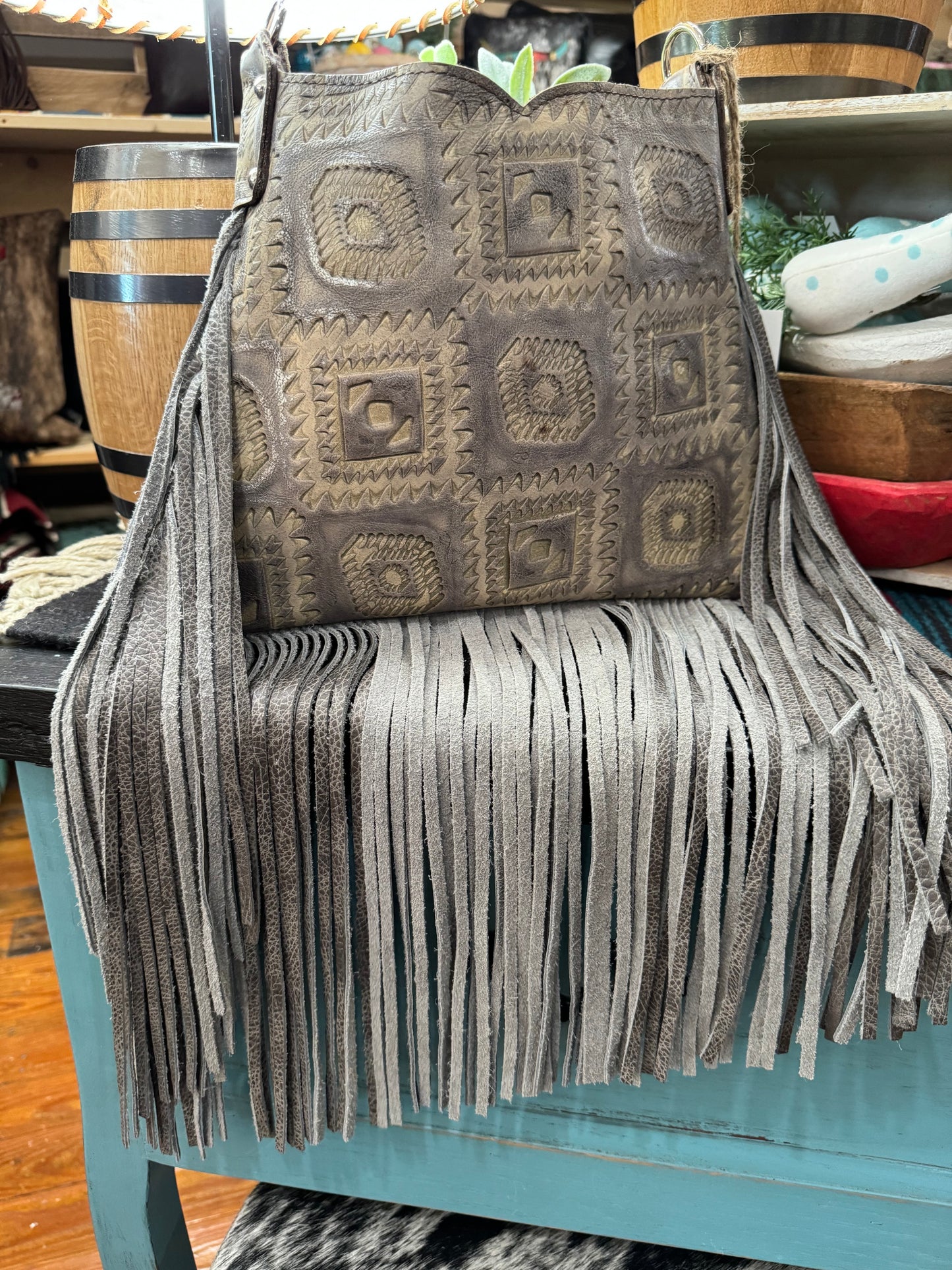 Small Hobo Handbag, Grey Aztec with Wool Corner