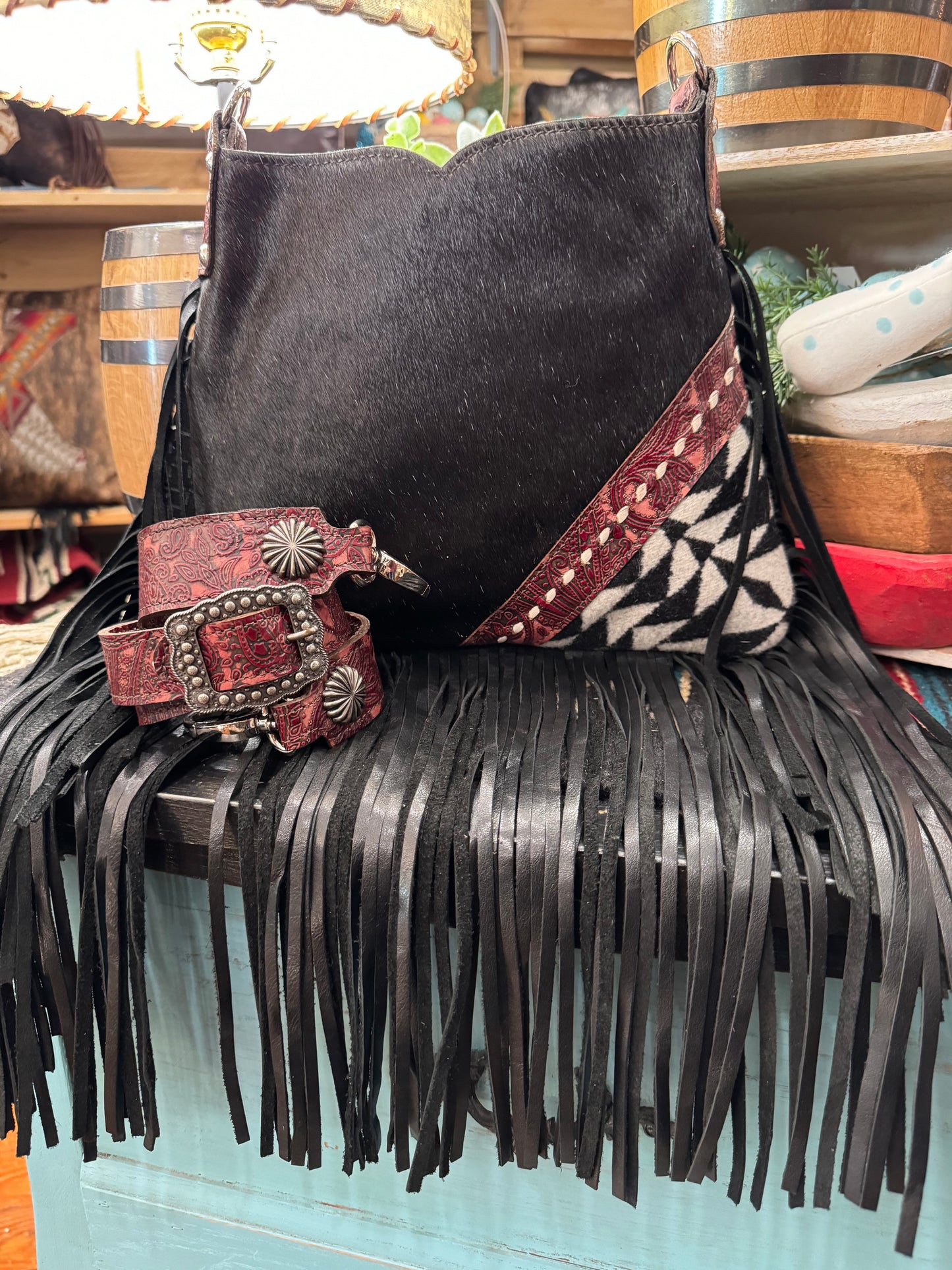 Small Hobo Handbag, Red Paisley with Wool Corner