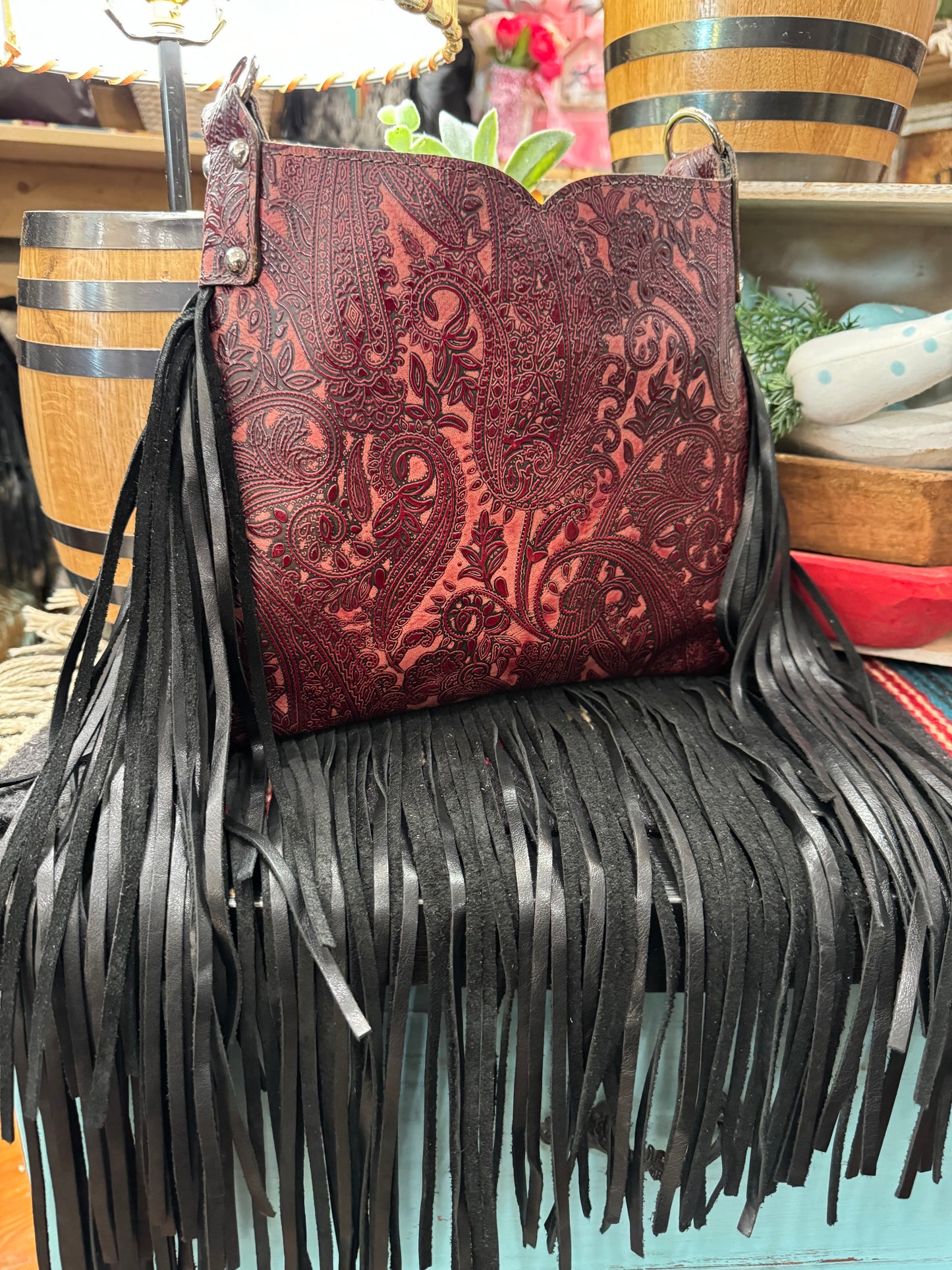 Small Hobo Handbag, Red Paisley with Wool Corner