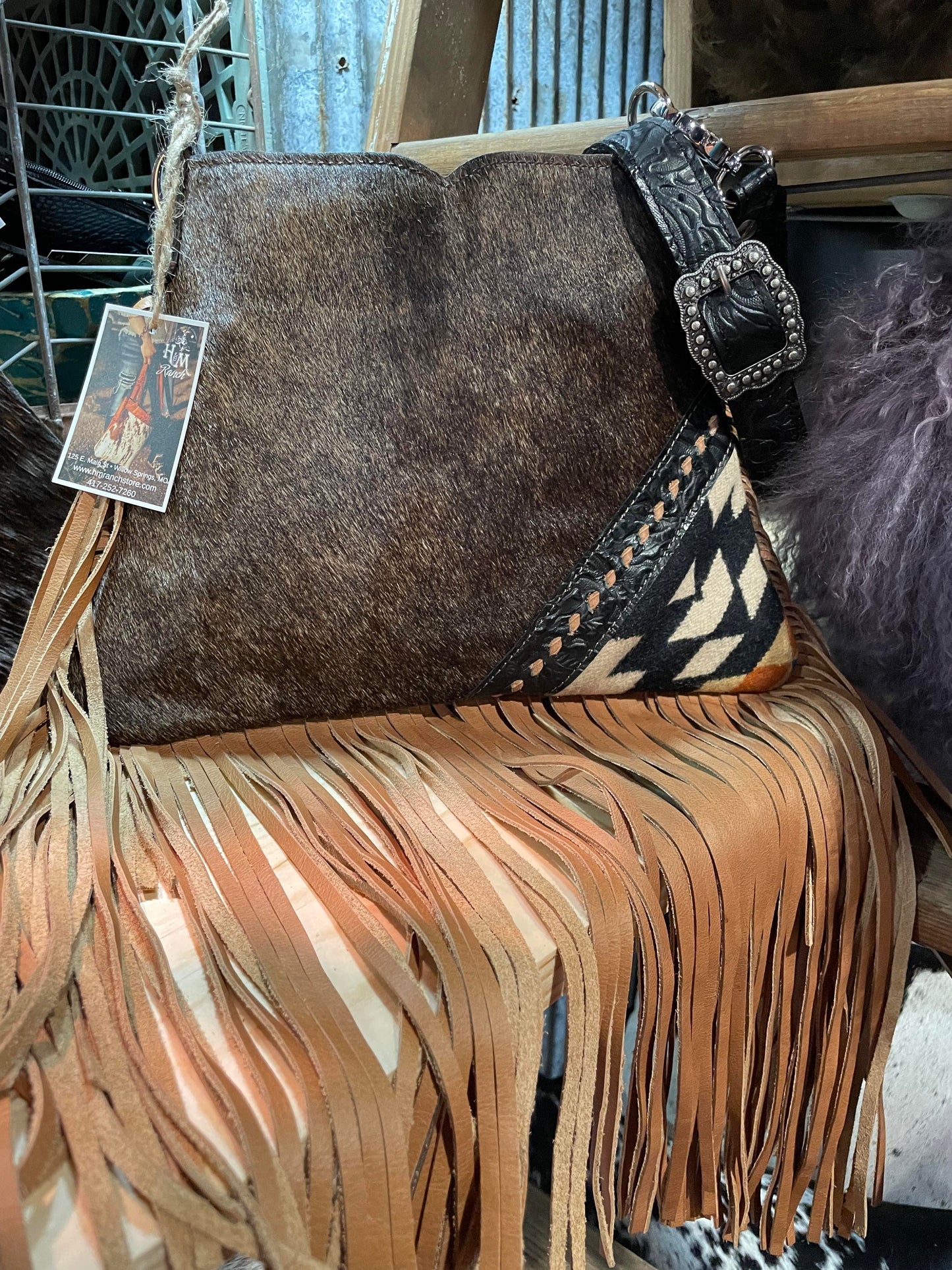 Small Hobo Handbag, Dark Hide with Wool Accent