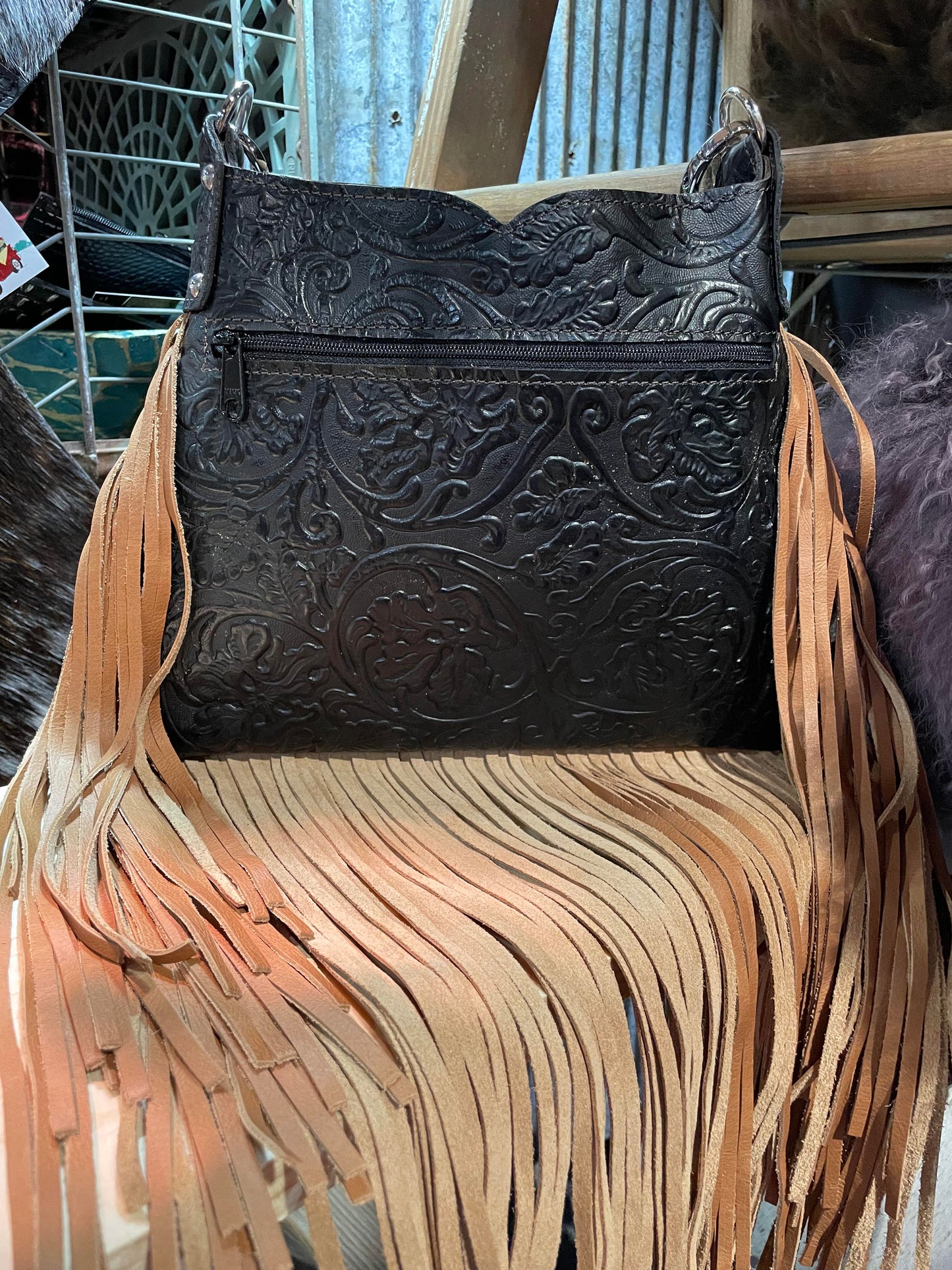 Small Hobo Handbag, Dark Hide with Wool Accent