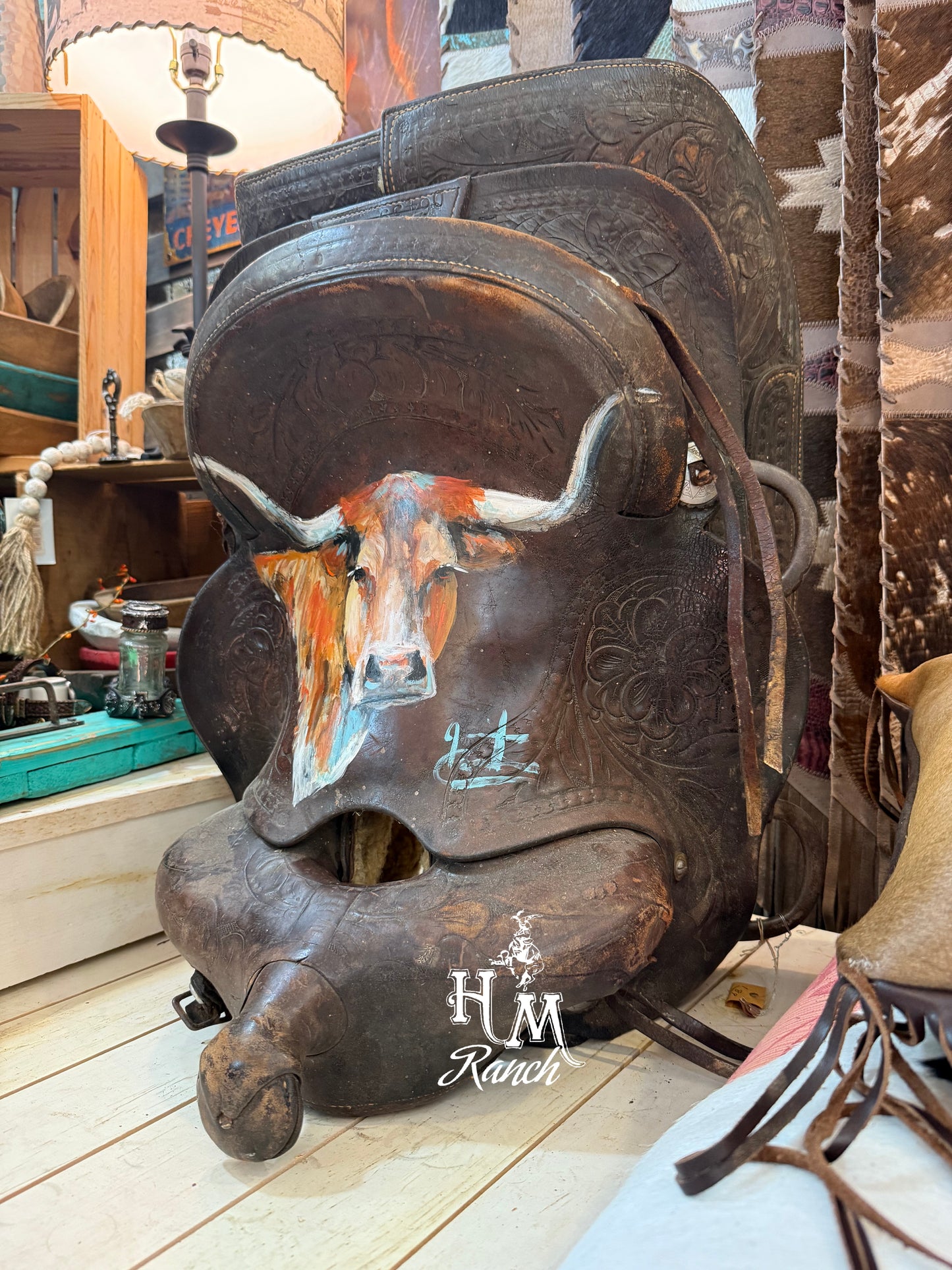 Jennifer Casebeer Art Longhorn on Vintage Saddle #109