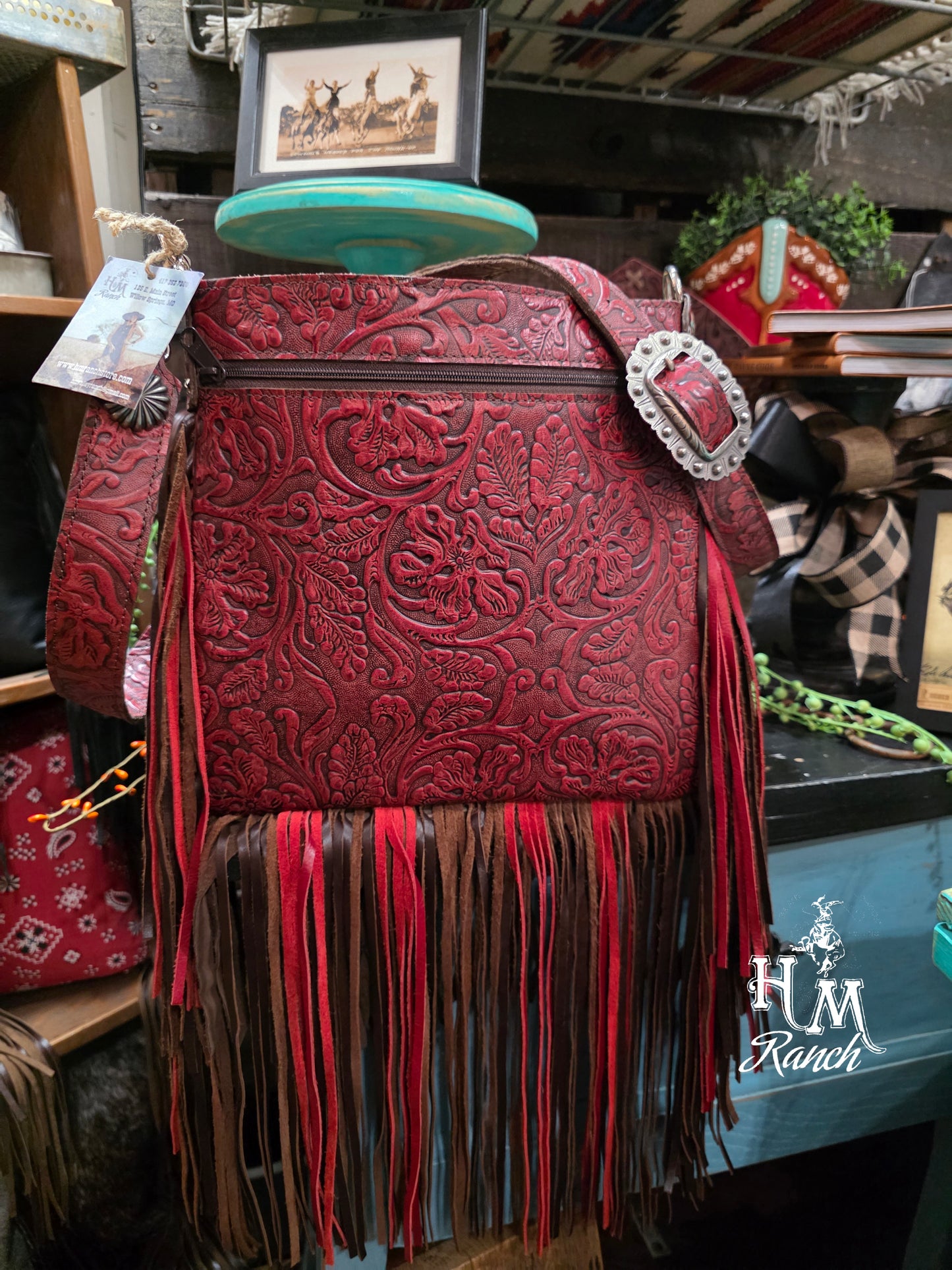 Mid Rise Leather Handbag, Red Cowboy Tooled