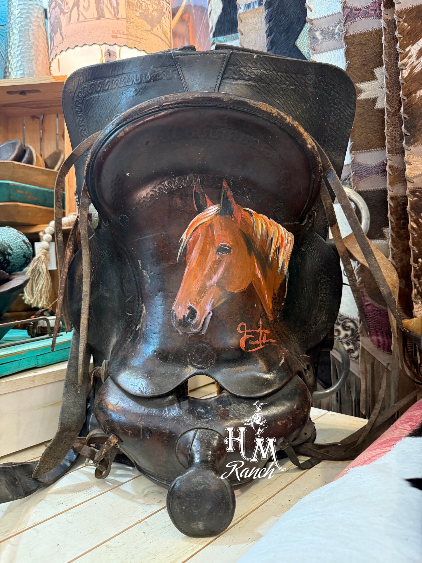 Jennifer Casebeer Art Sorrel Horse on Vintage Saddle #111