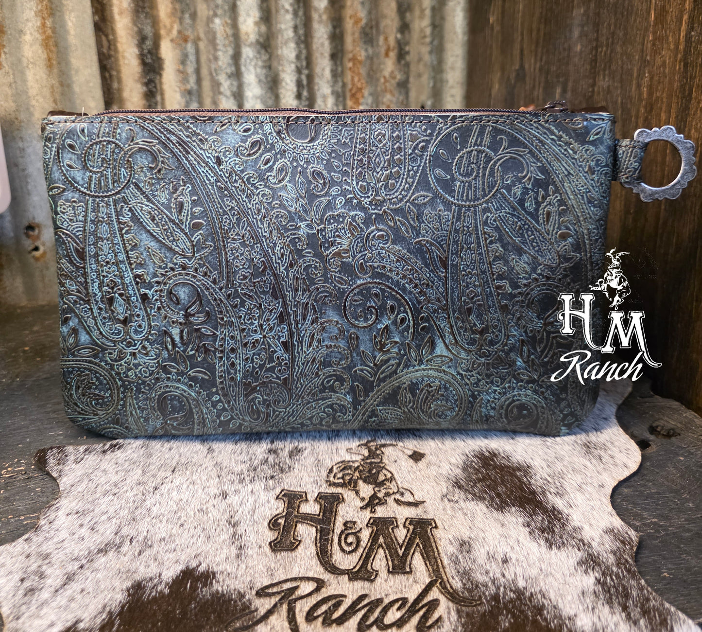 Bank or Makeup Bag, Bucking Bronc Rider, Turquoise Paisley
