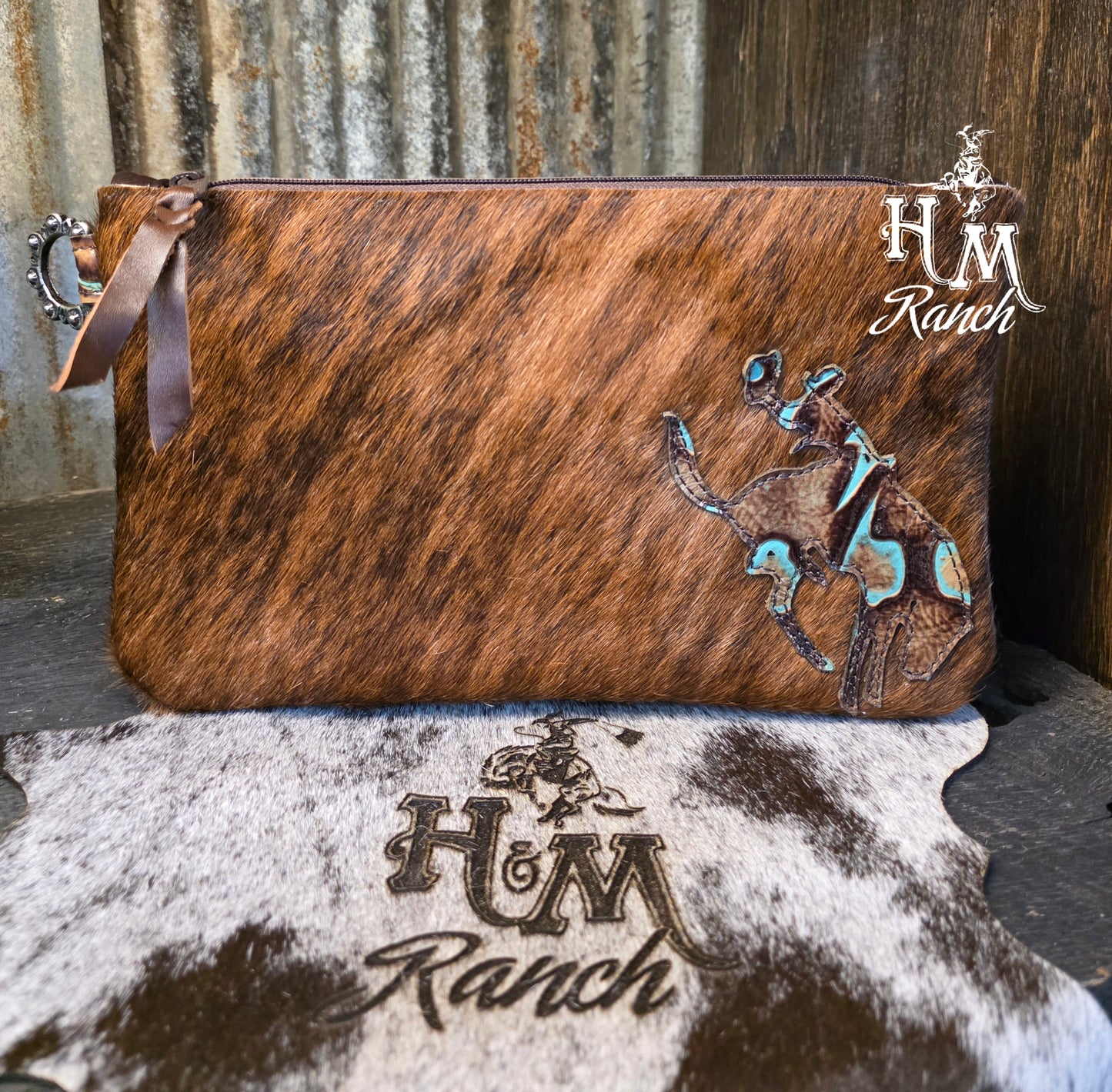 Bank or Makeup Bag, Bucking Bronc Rider, Turquoise Gold
