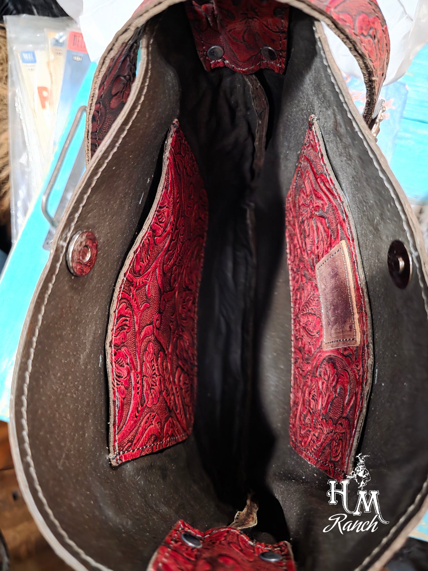 Mid Rise Leather Handbag, Red Cowboy Tooled