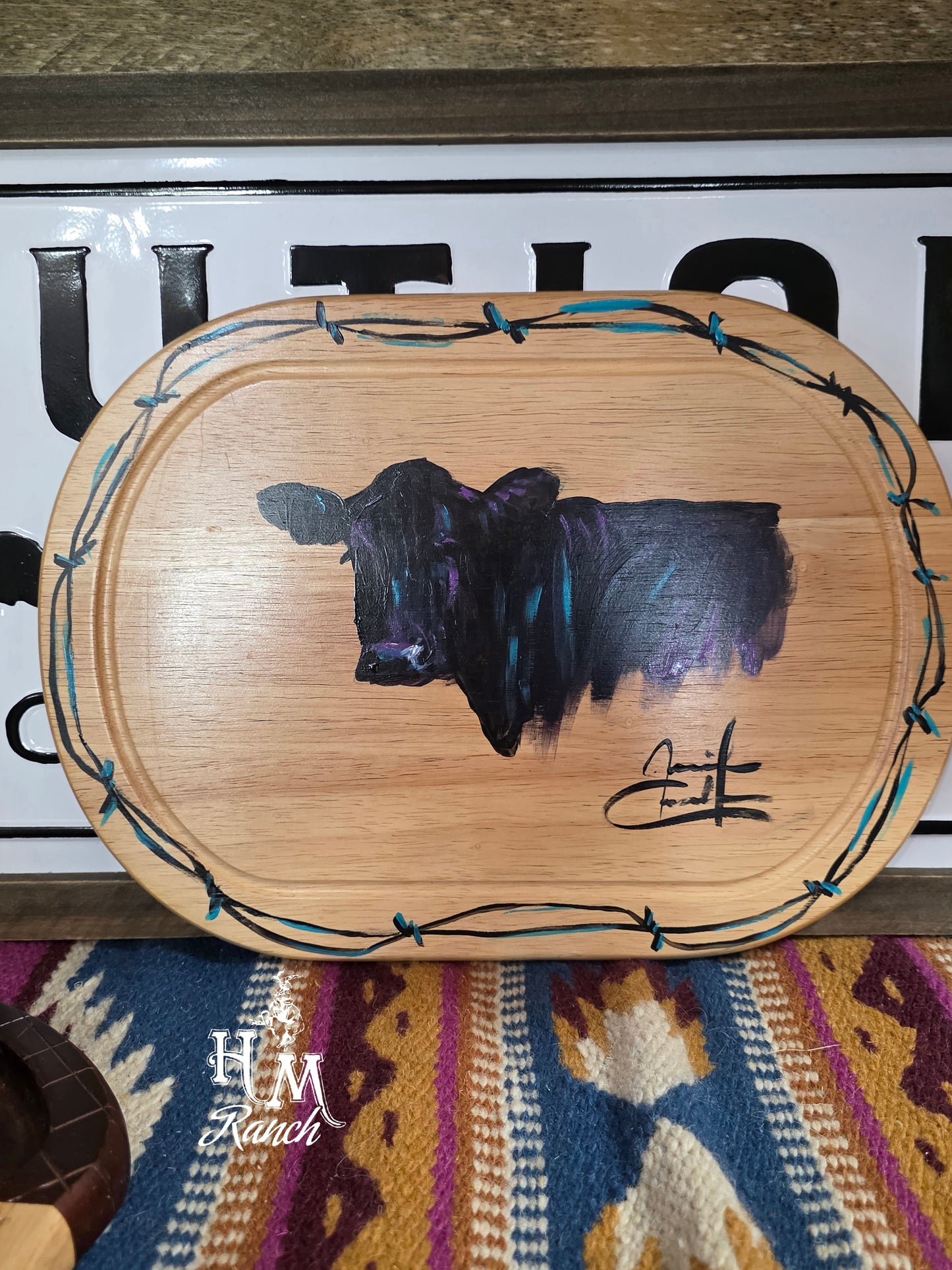 Wooden Cutting Board, Black Angus with Barbwire, Jennifer Casebeer Art