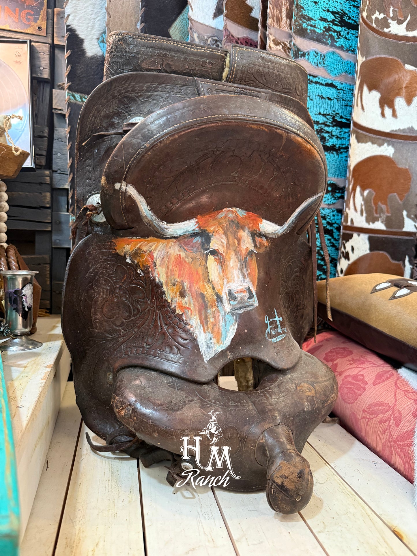 Jennifer Casebeer Art Longhorn on Vintage Saddle #109