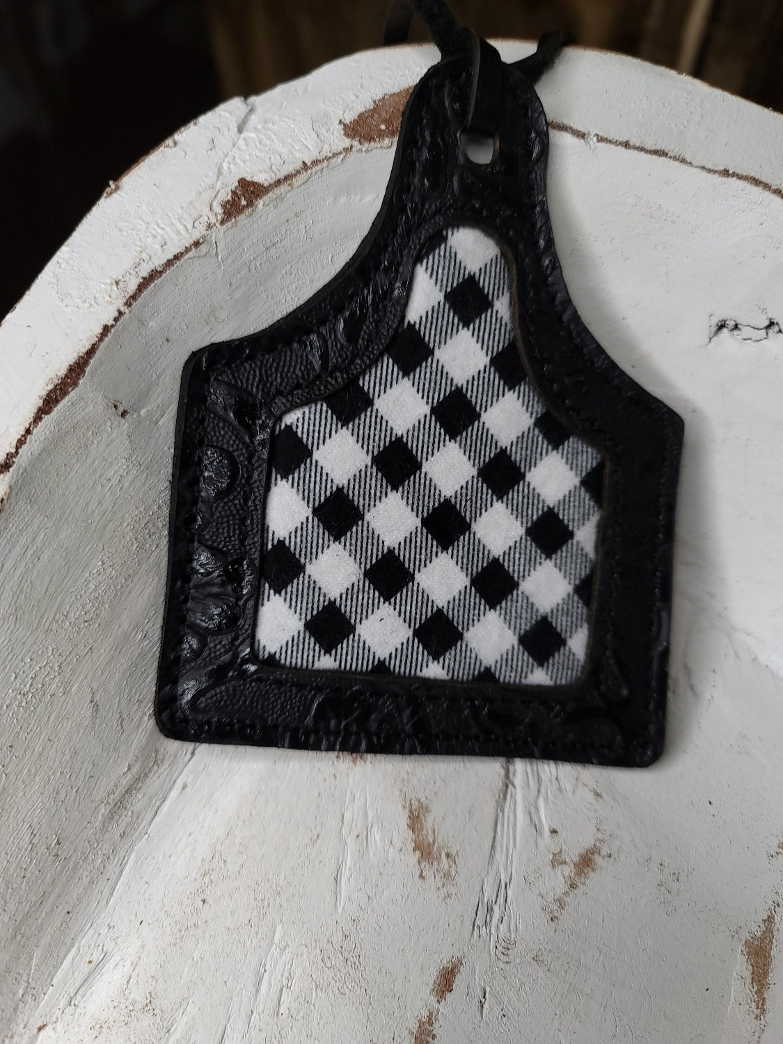 Leather Ear Tag Car Freshie, Plaid
