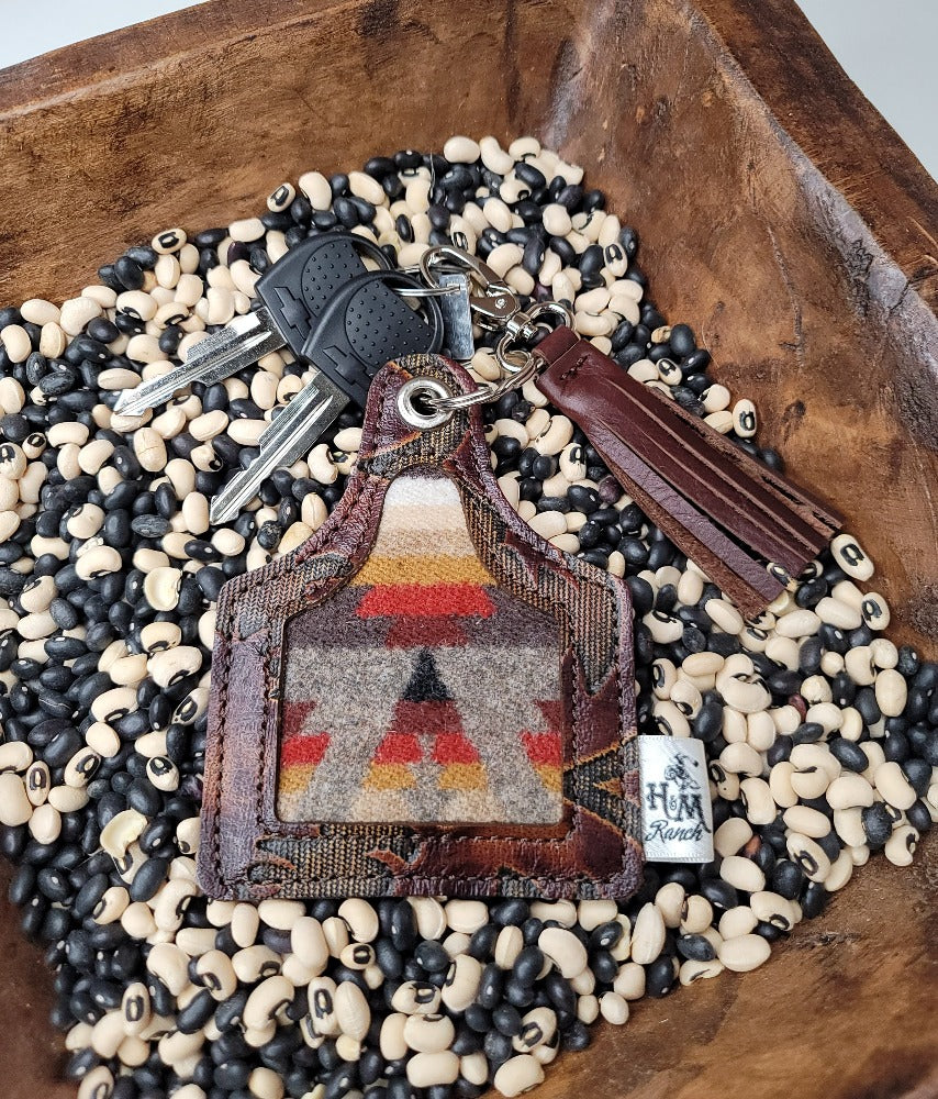 Leather Ear Tag Keychain, Wool Inlay