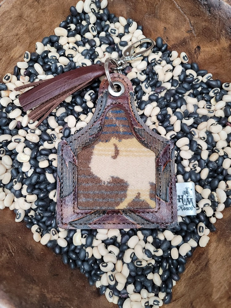 Leather Ear Tag Keychain, Wool Inlay