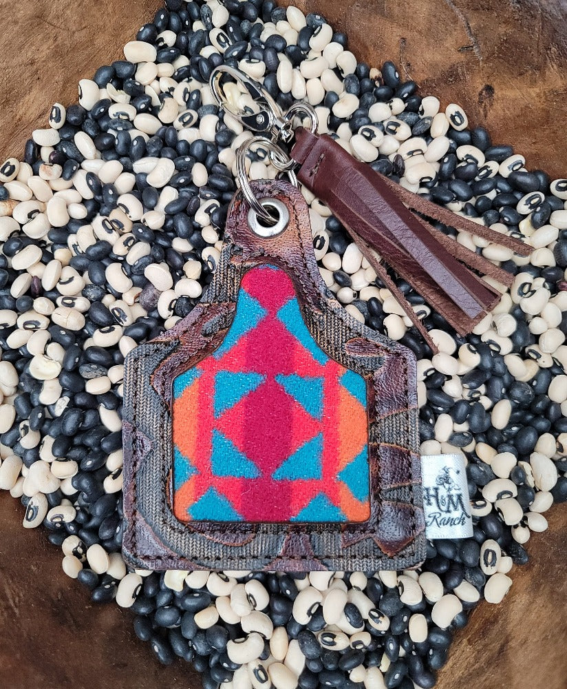 Leather Ear Tag Keychain, Wool Inlay