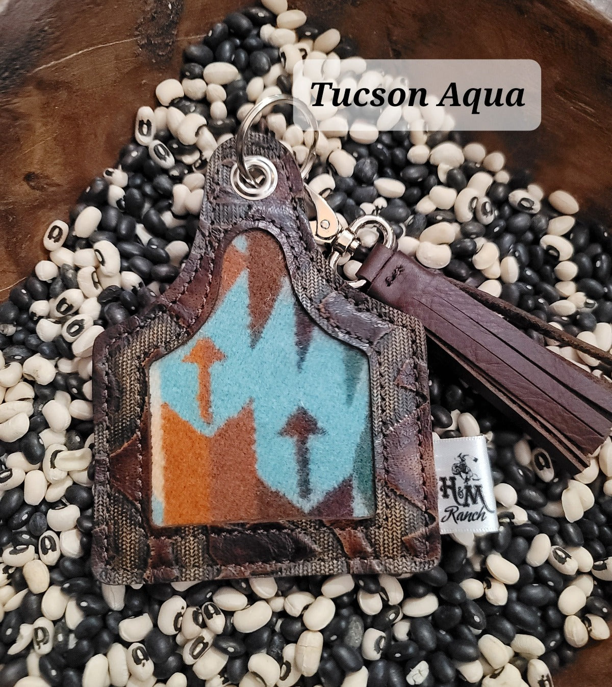 Leather Ear Tag Keychain, Wool Inlay