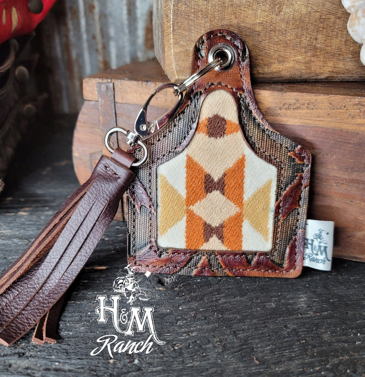 Leather Ear Tag Keychain, Wool Inlay
