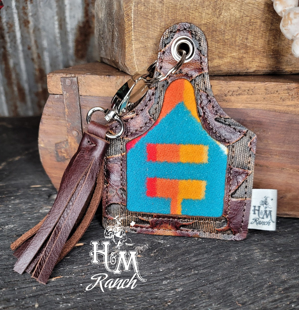 Leather Ear Tag Keychain, Wool Inlay