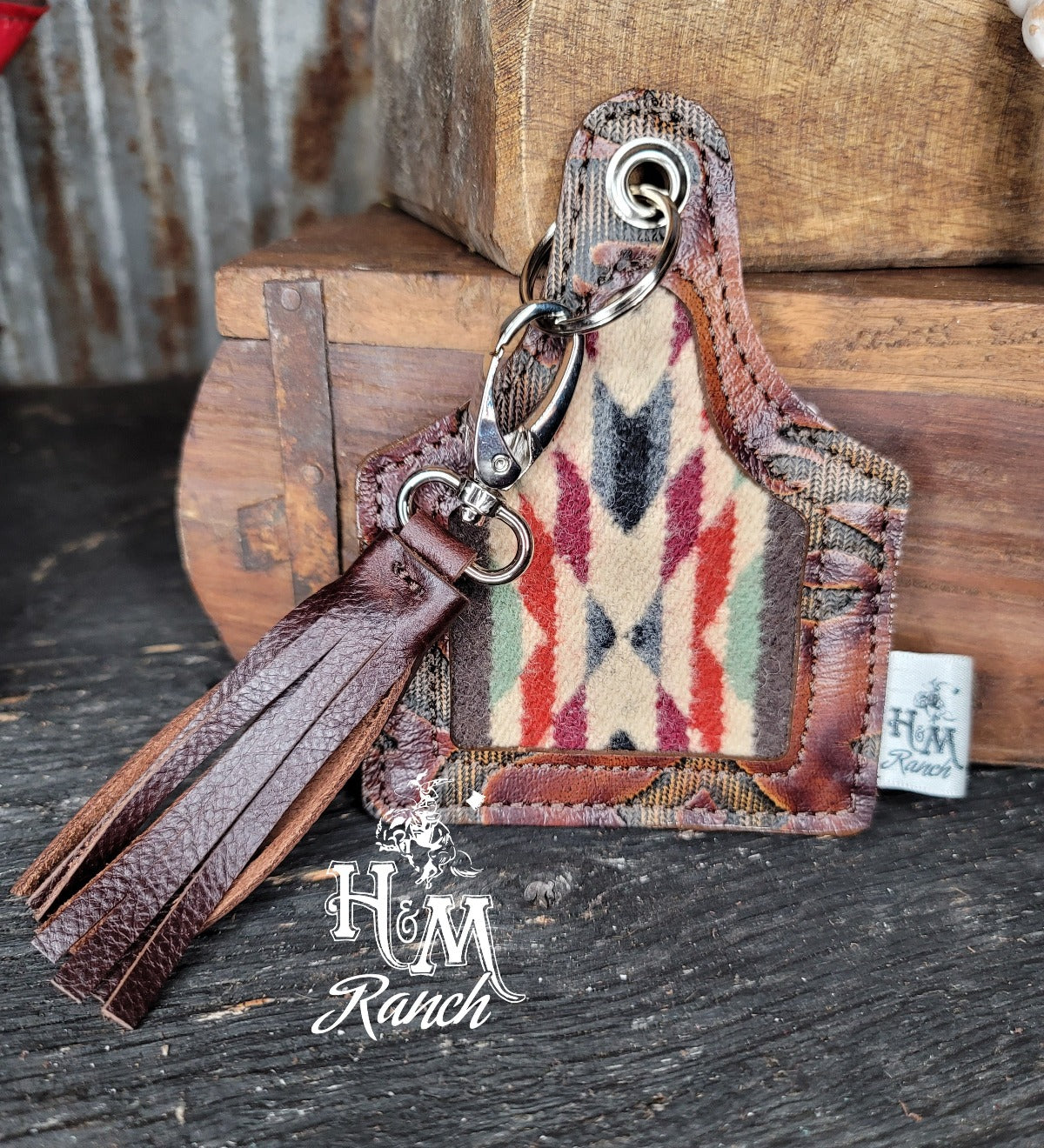 Leather Ear Tag Keychain, Wool Inlay