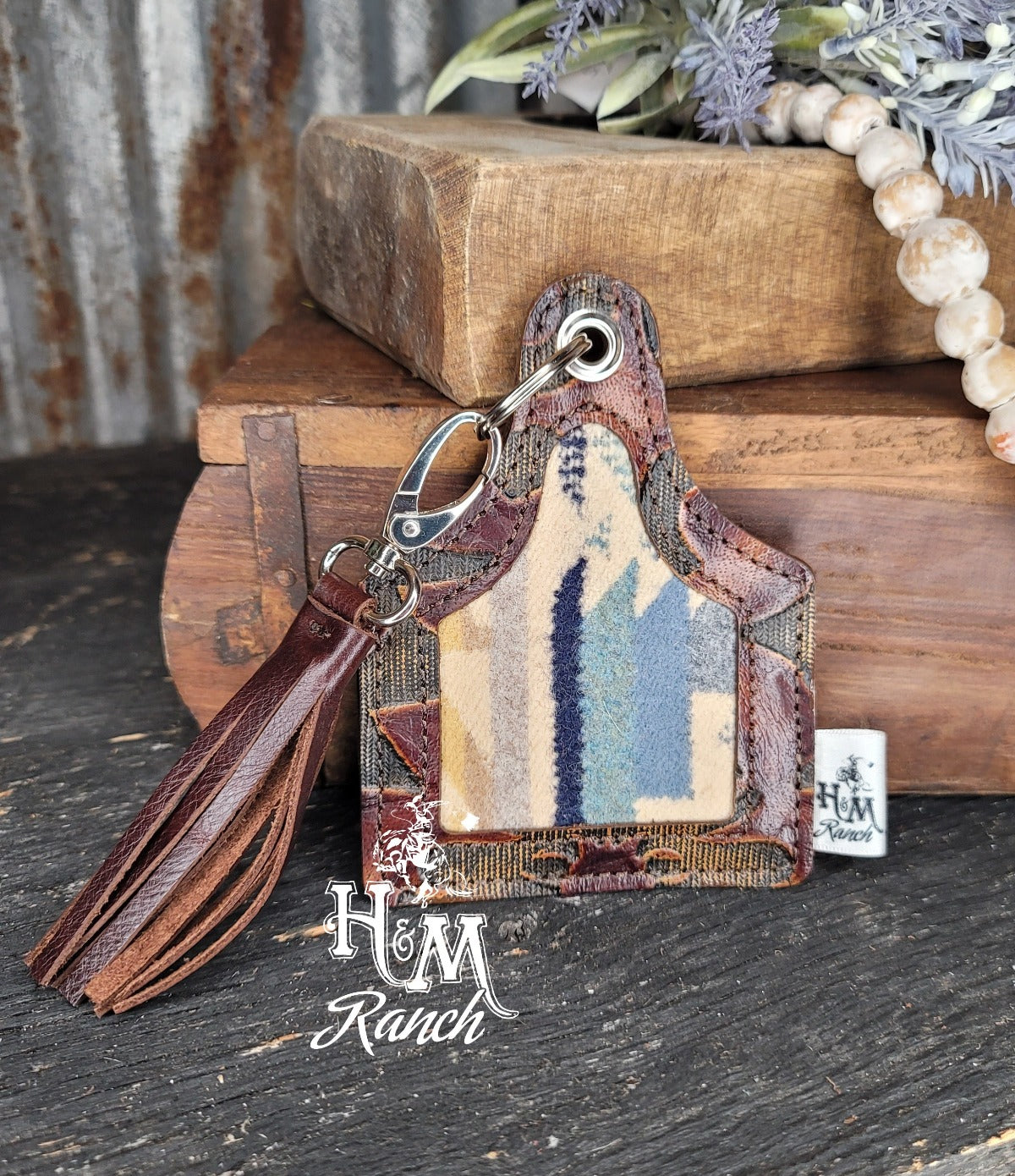 Leather Ear Tag Keychain, Wool Inlay