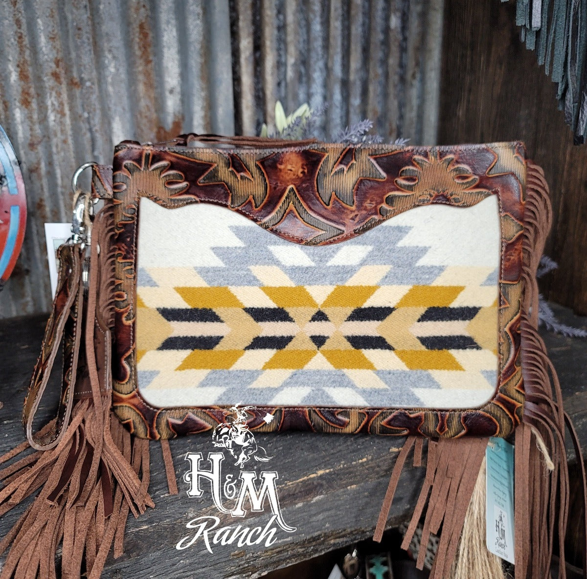 Half Pint Wristlet, Pendleton® Rancho Silver front with boot top leather