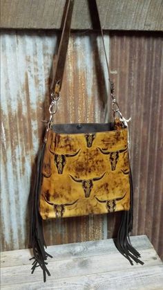 Large Leather Bucket Bag, Tan Longhorns with Fringe