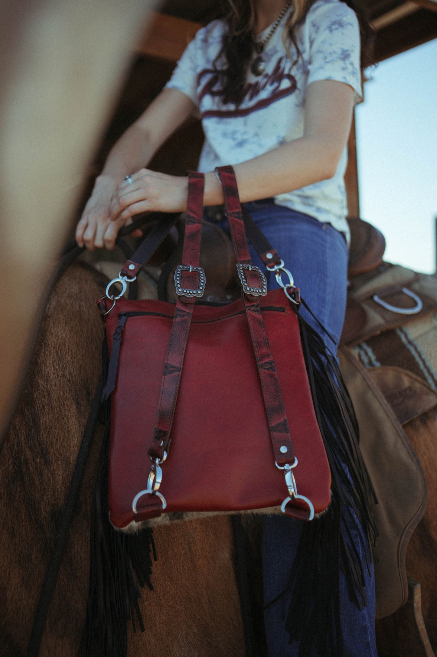 Backpack, Cowhide Front with Red Mini Skulls