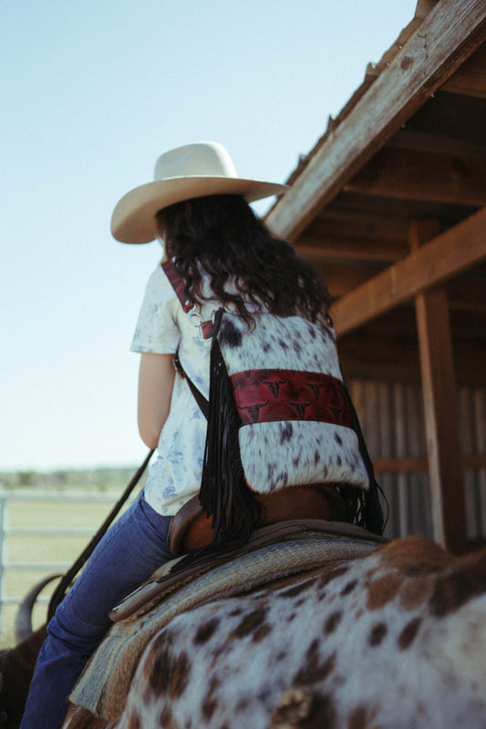 Backpack, Cowhide Front with Red Mini Skulls