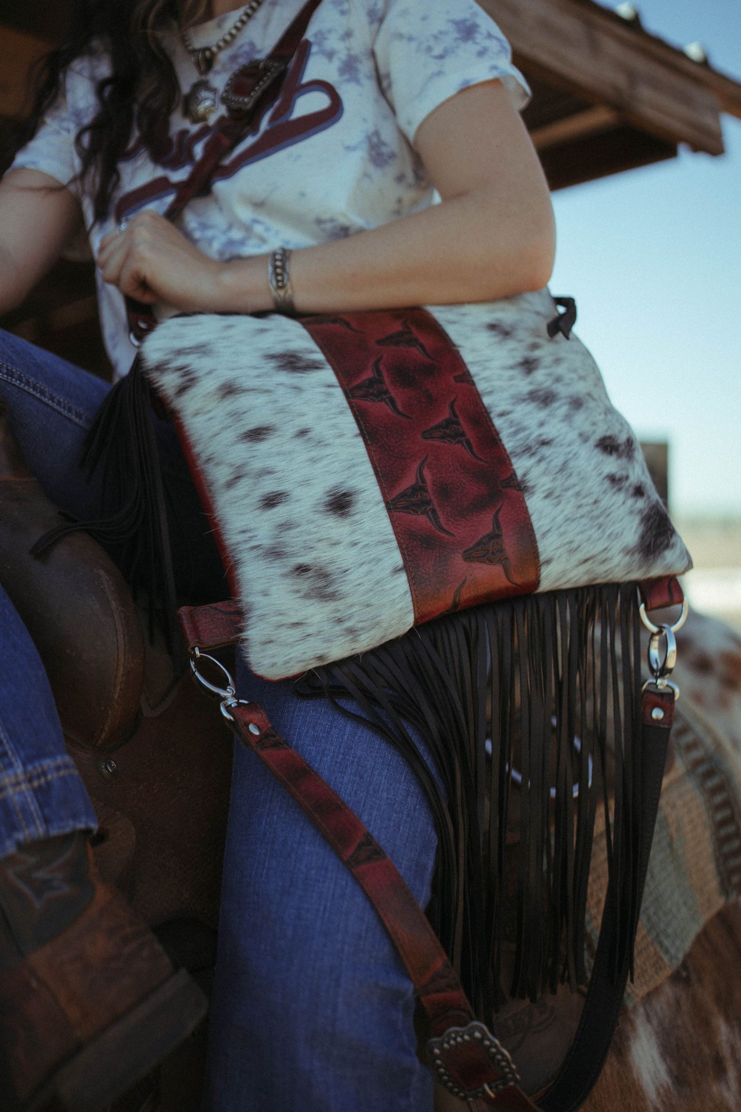 Backpack, Cowhide Front with Red Mini Skulls
