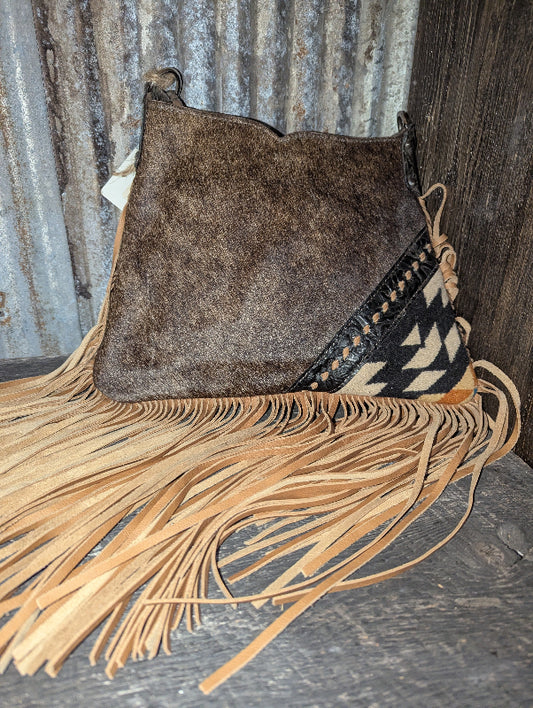 Small Hobo Handbag, Black Cowboy Tooled with Wool Corner