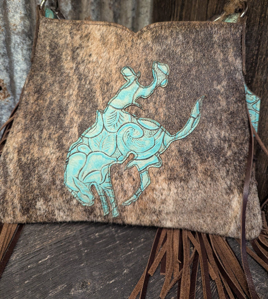 Hobo, Small  Brindle hide with turquoise rose bronc