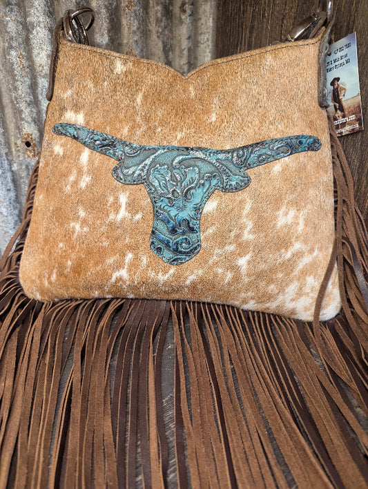 Hobo, Small  Tan speckled hide with turquoise longhorn