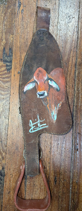 Leather Saddle Fender and stirrup with Red Brahma, Jennifer Casebeer Art