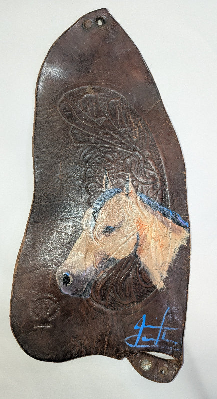 Leather Saddle Fender with Buckskin horse, Jennifer Casebeer Art