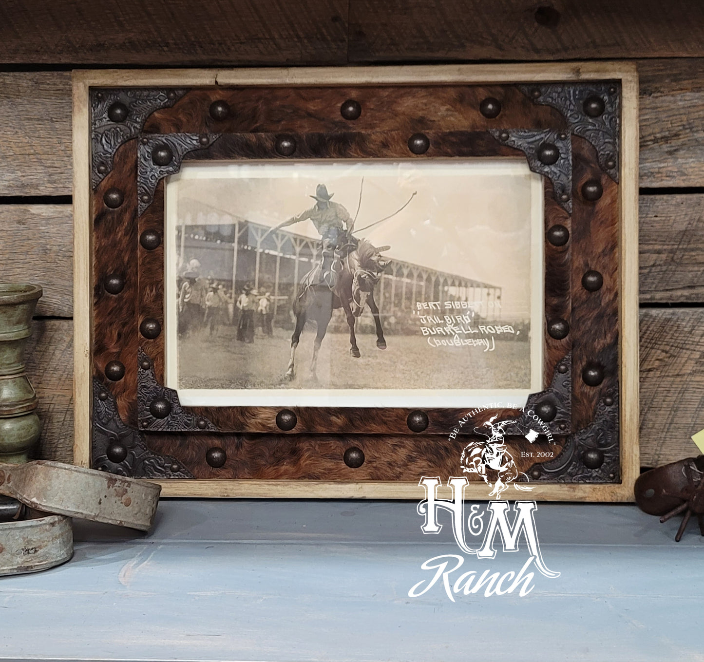 Western Cowhide Frame with Burwell Rodeo Photo