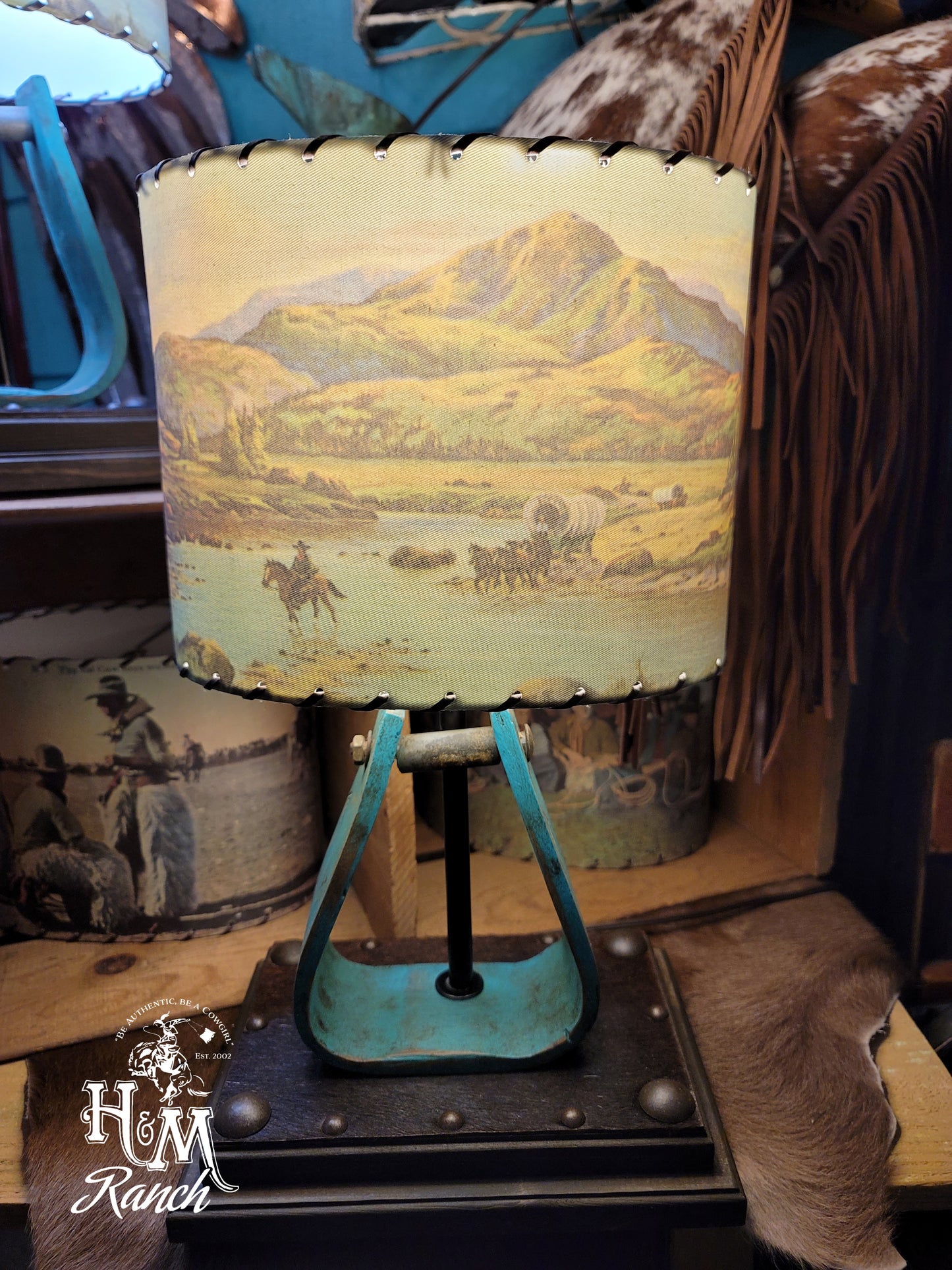 Vintage Wooden Stirrup Lamps, Turquoise with Brands