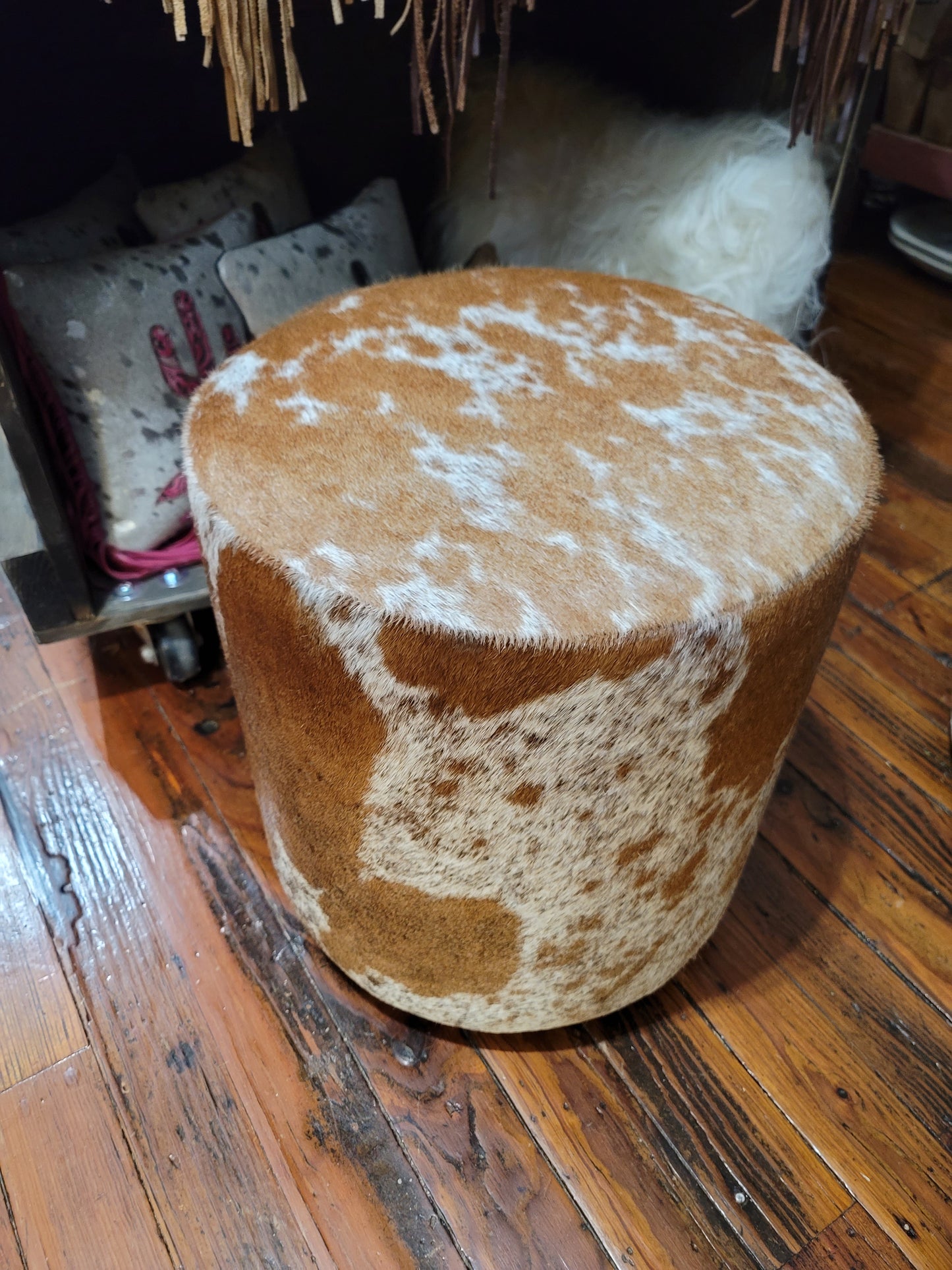 Western Leather Ottoman, Brown and White