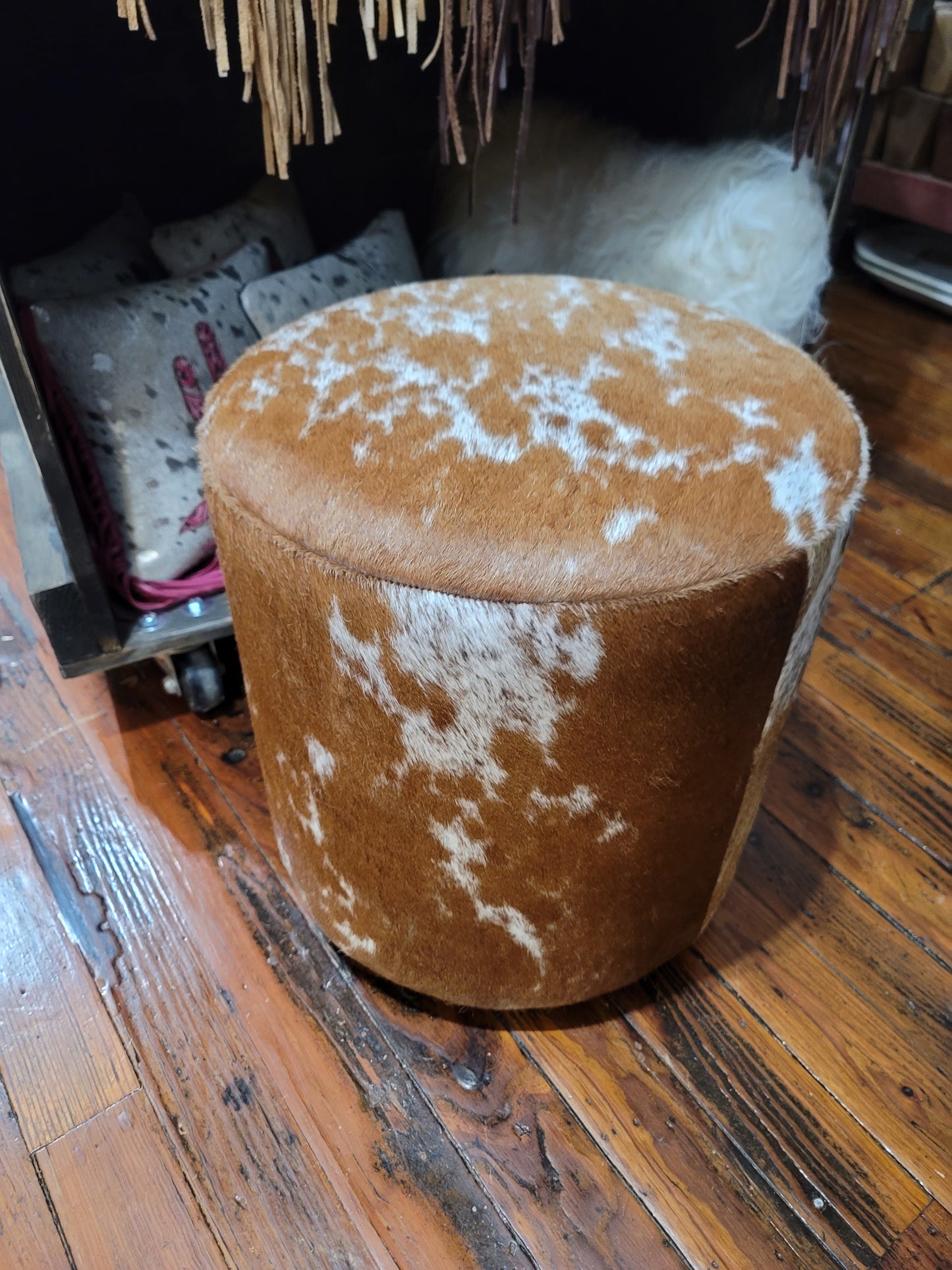 Western Leather Ottoman, Brown and White