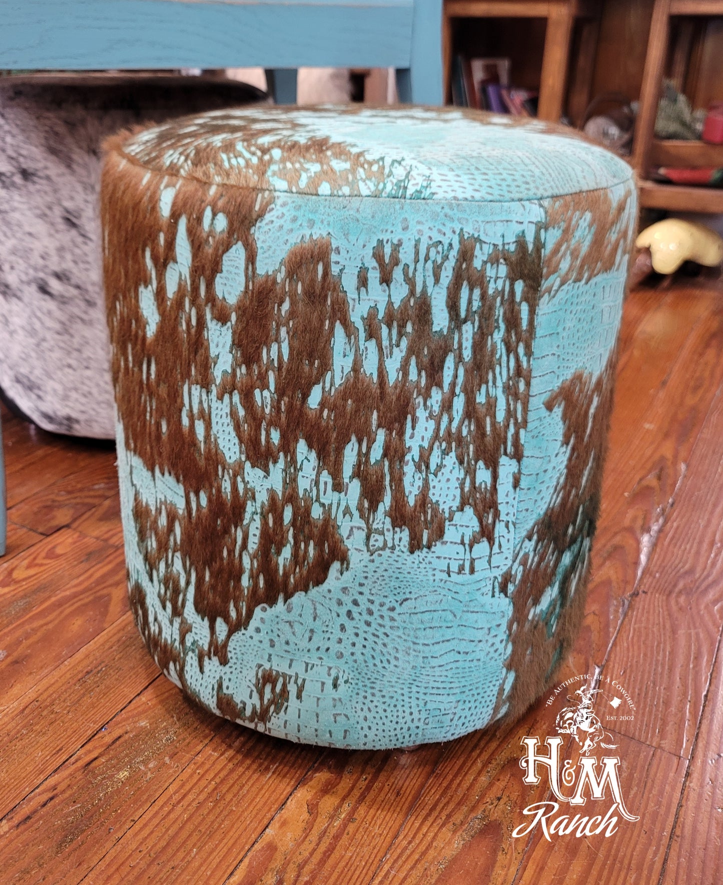 Western Leather Ottoman, Turquoise Acid Wash