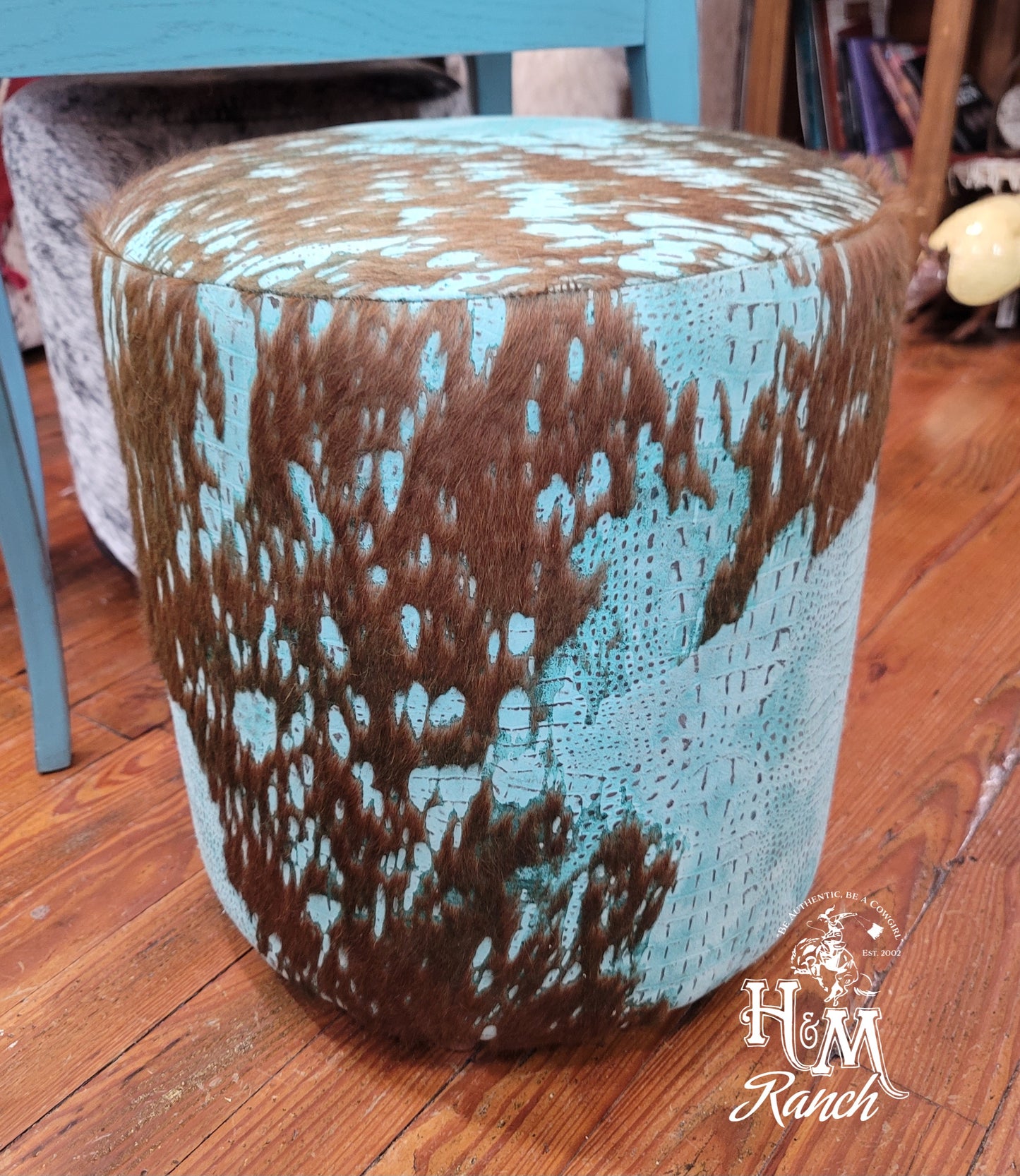 Western Leather Ottoman, Turquoise Acid Wash