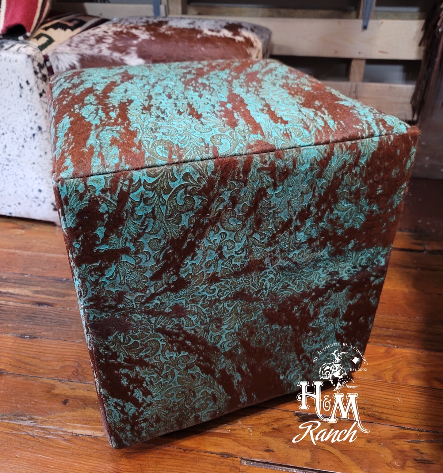 Western Leather Ottoman, Turquoise Floral Acid Wash #301