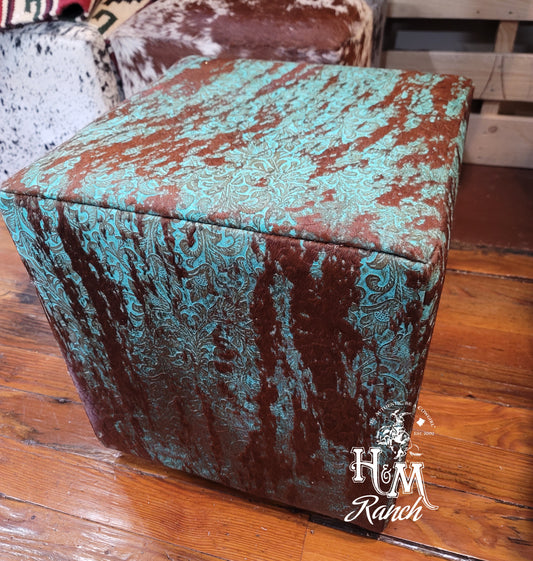 Western Leather Ottoman, Turquoise Floral Acid Wash #301