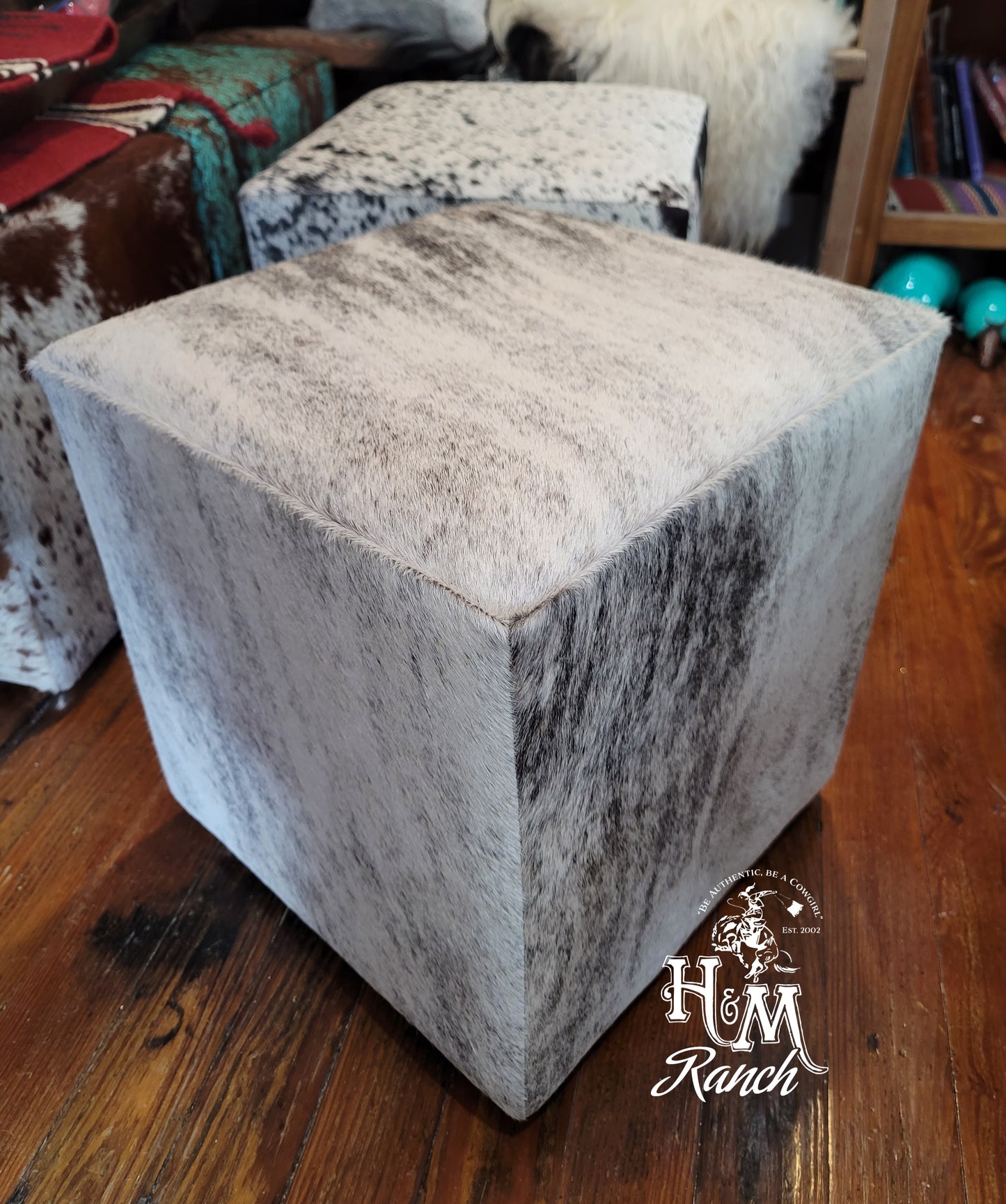 Western Leather Ottoman, Grey Brindle, #501