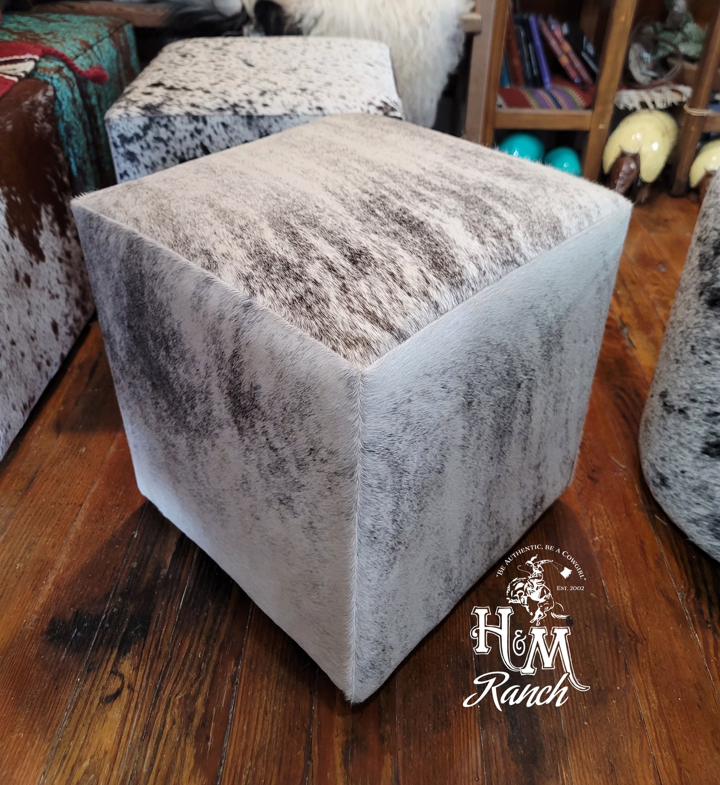 Western Leather Ottoman, Grey Brindle, #501